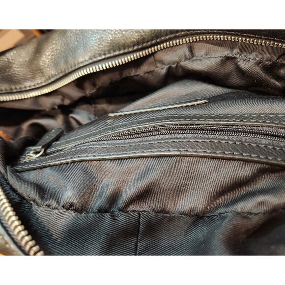 Audrey Brooke Black Pebbled Leather Tote Bag with Brown Accents and Zippered Top - Picture 10 of 12